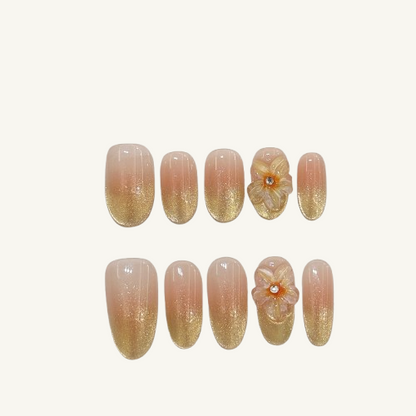 Summer Glass Flower Press-On Nails | Handmade 3D Floral Gold Ombre