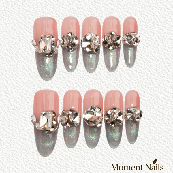 Starry Night Press-On Nails | Handmade Luxury Diamond Cat Eye Oval