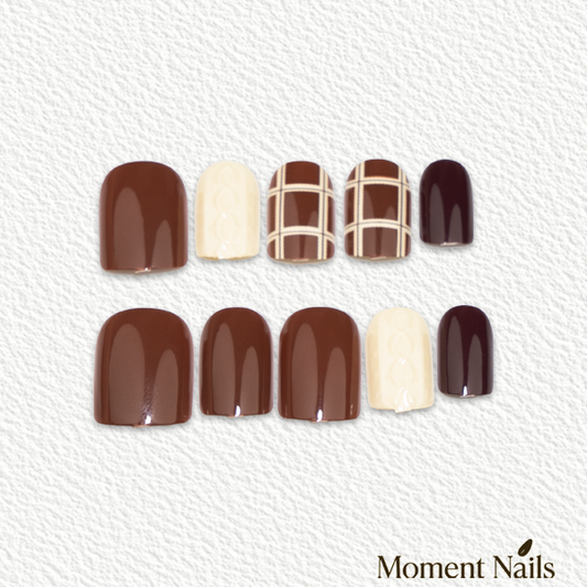 Brown Plaid Press-On Nails | Sweater Texture Mix Short Square