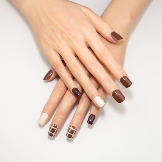 Brown Plaid Press-On Nails | Sweater Texture Mix Short Square