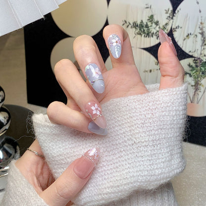 Pink-Grey Floral Short Square-Oval Press-On Nails
