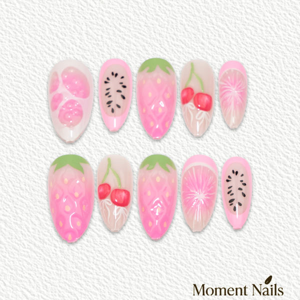 3D Fruit Press-On Nails | Cherry & Strawberry Mix Long Almond