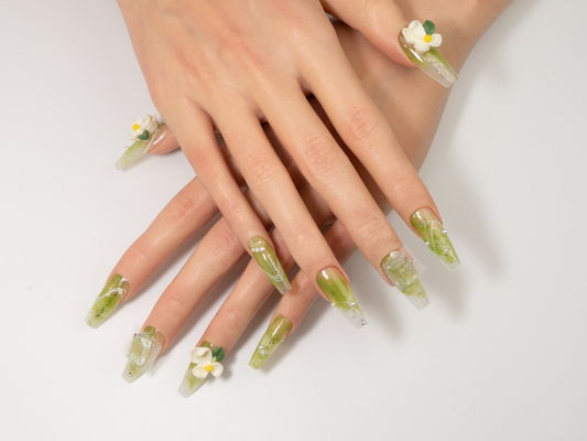 Flower Press-On Nails | Lime Green Glitter Handmade Long Nails