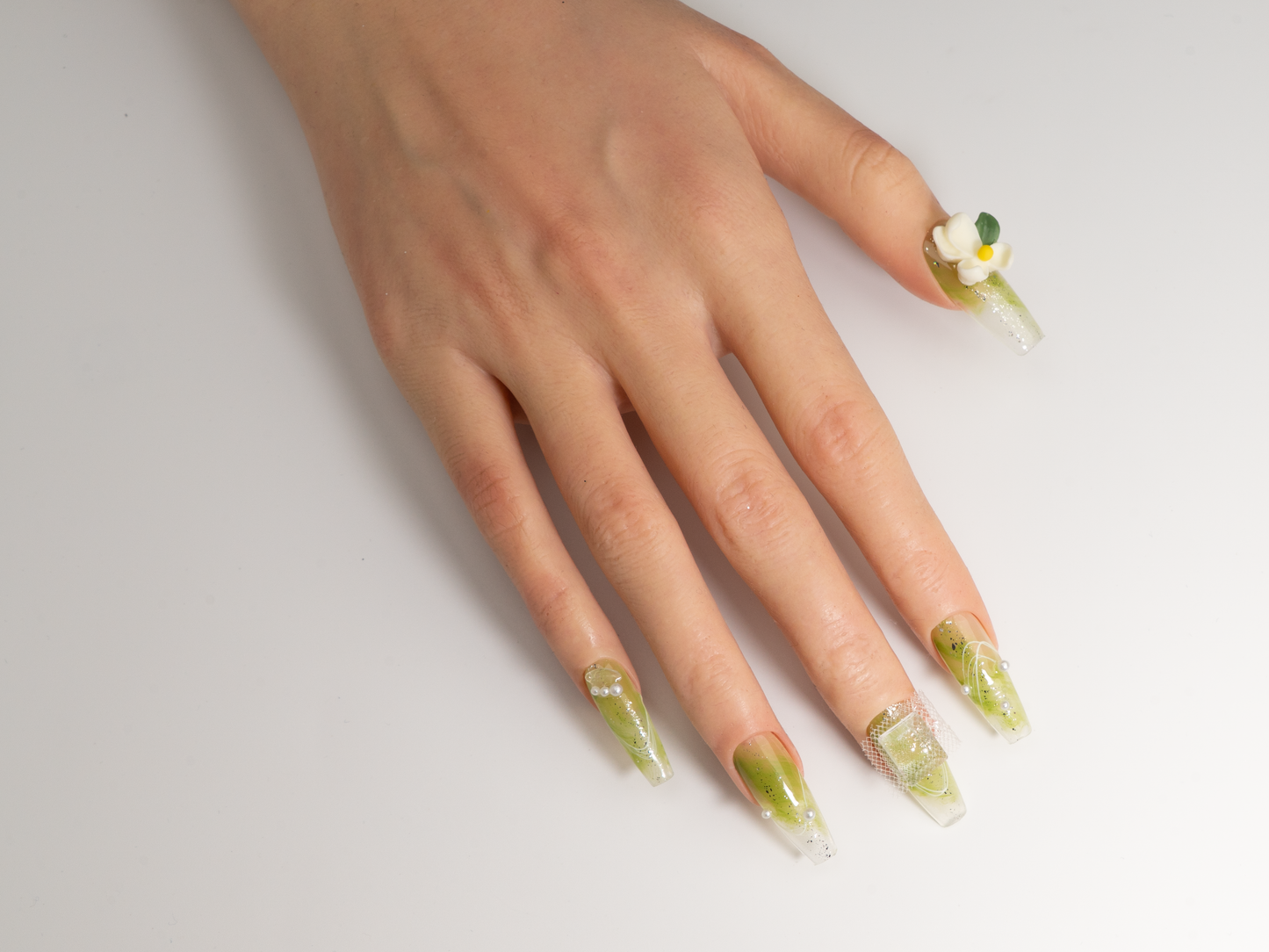 Flower Press-On Nails | Lime Green Glitter Handmade Long Nails