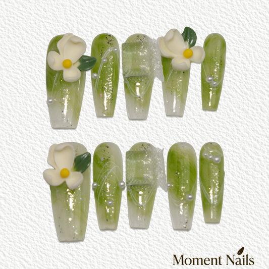 Flower Press-On Nails | Lime Green Glitter Handmade Long Nails