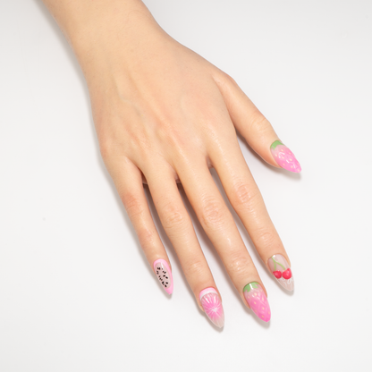3D Fruit Press-On Nails | Cherry & Strawberry Mix Long Almond