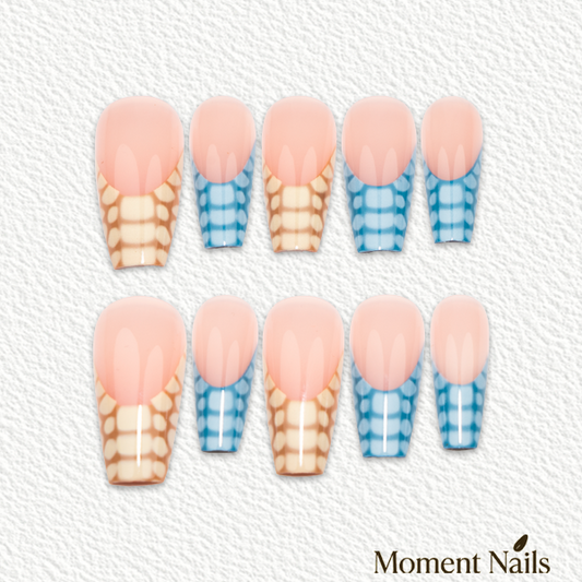 Croc French Tip Press-On Nails | Blue & Nude Mix Coffin