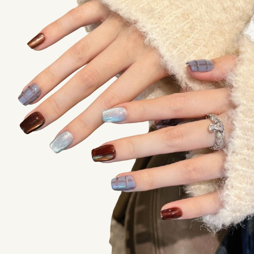 Blue Plaid Press-On Nails | Handmade Cat Eye Glitter Mix Coffin