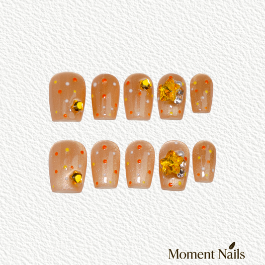 Wishing Meteor Press-On Nails | Handmade Gold Cat Eye 3D Star Coffin