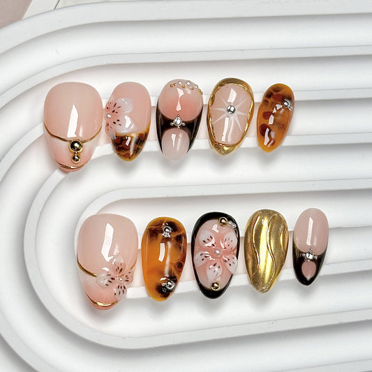 Pink-Brown Gold Short Almond Press-On Nails
