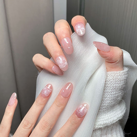 Pink Sheer Snowflake Oval Press-On Nails