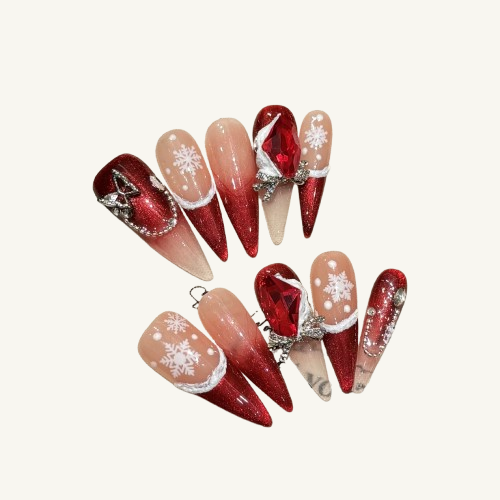 Christmas Ruby Press-On Nails | Long Stiletto Handmade Fake Nails