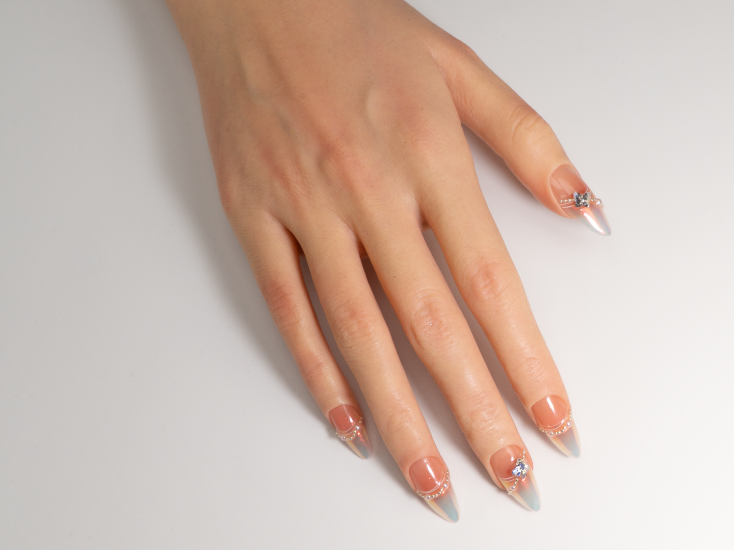Peach Aurora Press-On Nails | Handmade 3D Butterfly | Almond