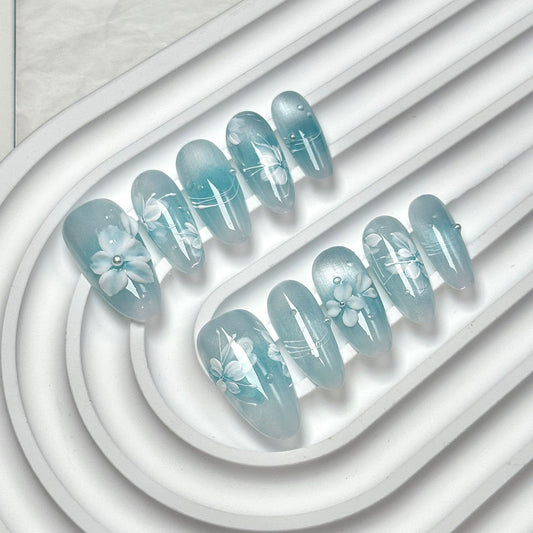 Light Blue Floral Oval Press-On Nails