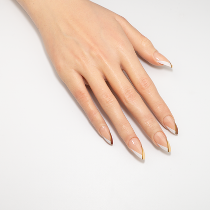 Latte Color Block French Press-On Nails | Gold Drizzle Stiletto