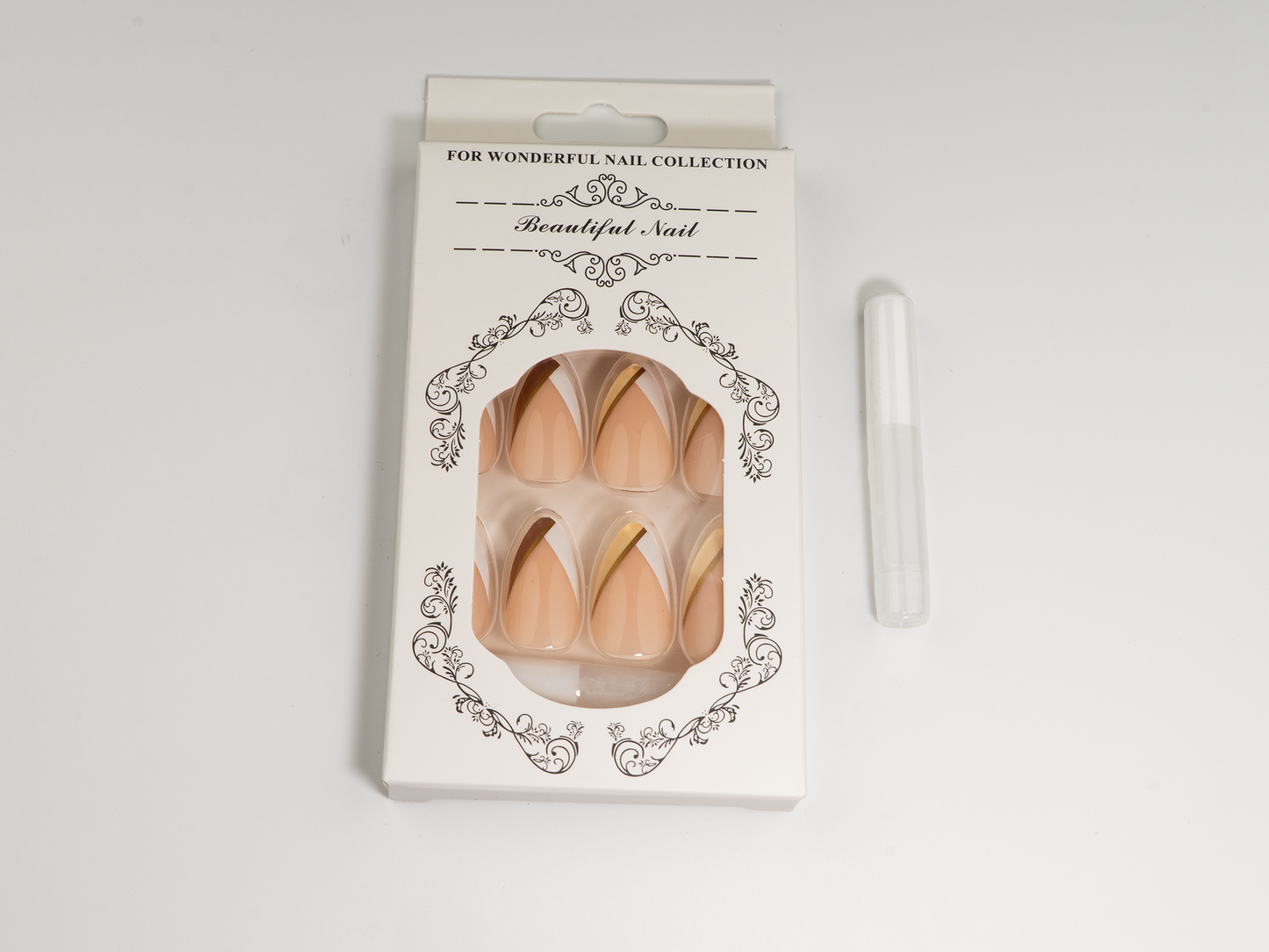 Latte Color Block French Press-On Nails | Gold Drizzle Stiletto