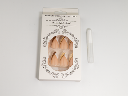 Latte Color Block French Press-On Nails | Gold Drizzle Stiletto