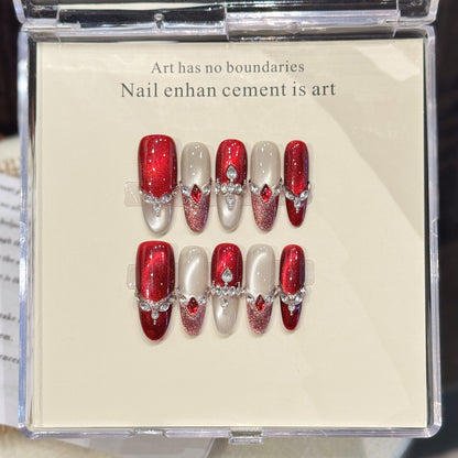 Red Silver Gem Oval Press-On Nails