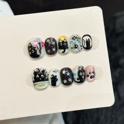 Black Cat Glitter Short Oval Press-On Nails