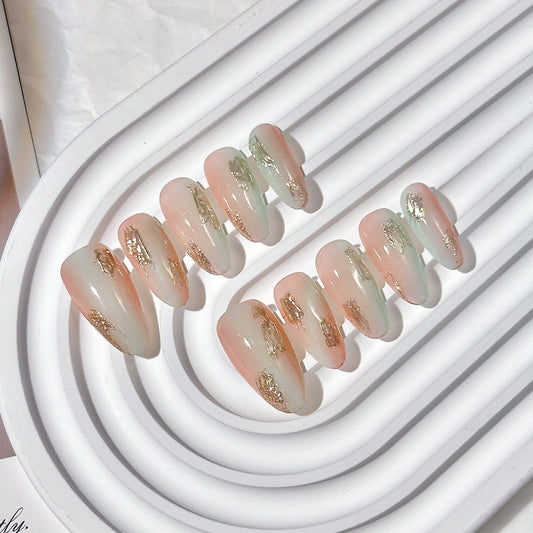Pastel Gradient Gold Leaf Almond Press-On Nails