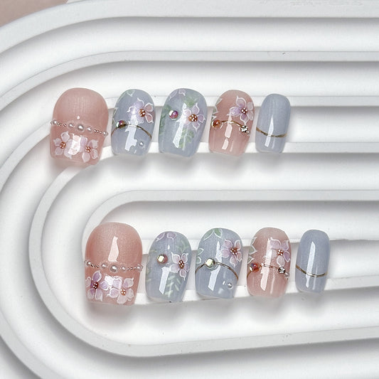 Pink-Grey Floral Short Square-Oval Press-On Nails