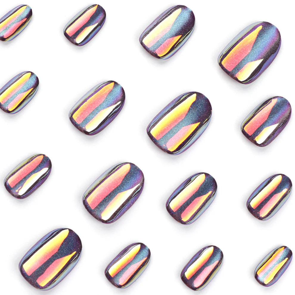Nebula's Eye Press-On Nails | Purple Gold Chameleon Cat Eye Oval