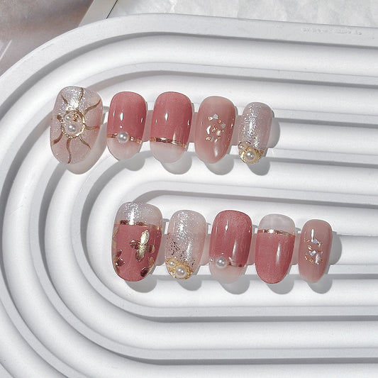 Pink-Gilded Mist Oval  Press-On Nails