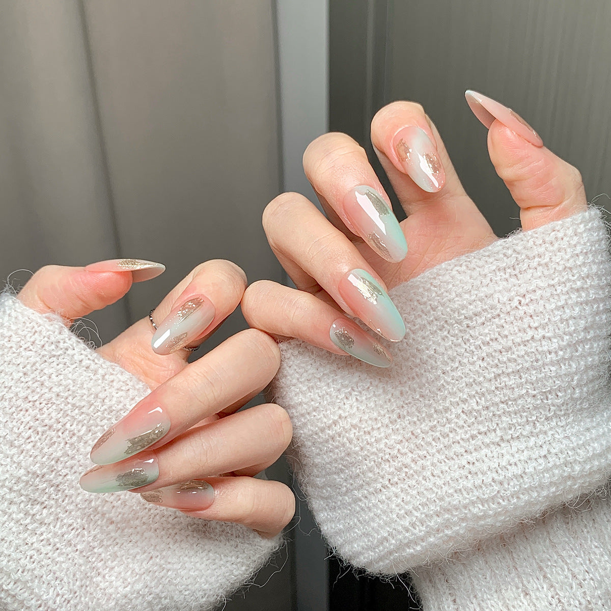 Pastel Gradient Gold Leaf Almond Press-On Nails