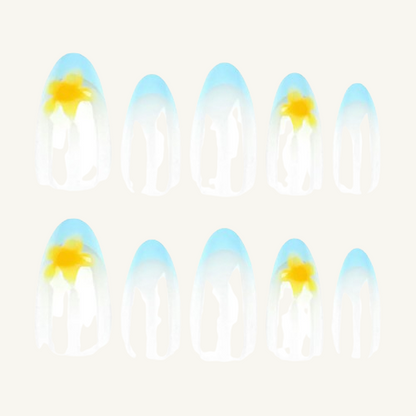 Sky Blue French Press-On Nails | 3D Floral Charm Medium Almond