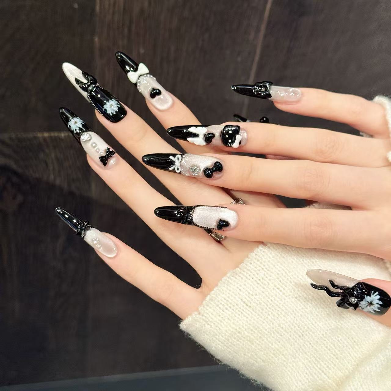 Black White Kitty Long Stiletto Press-On Nails
