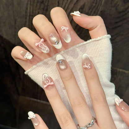 Nude Pink Bow Short Oval Nails