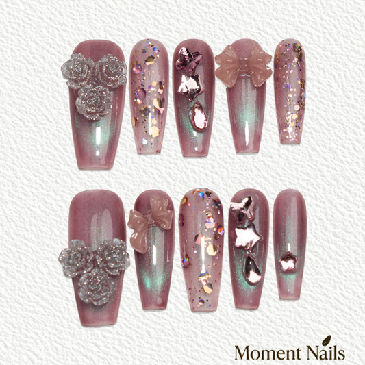 Pink Purple Cat Eye Press-Ons | Handmade 3D Aurora Bows | Coffin