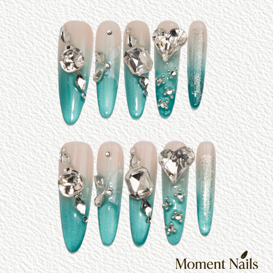 Icy Teal Cat Eye Press-On Nails |  Long Almond Handmade Fake Nails
