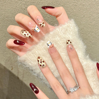 Burgundy Hello Kitty Leopard  Oval Press-On Nails