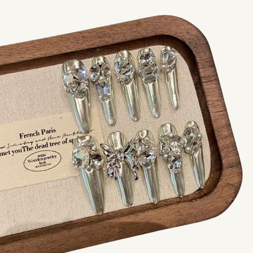 Aurora Silver Press-On Nails | Long Stiletto Handmade  Fake Nails