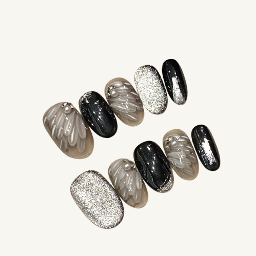 Angel Wings Press-On Nails | Handmade Feather Pearl Glitter Oval