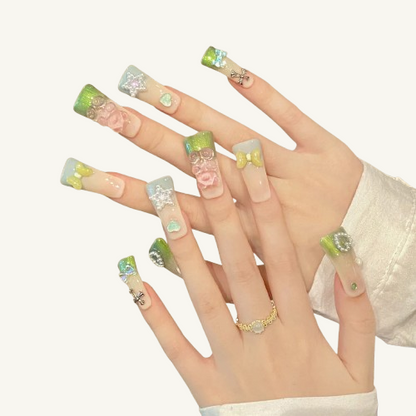 Gummy Bear Picnic Press-On Nails | Handmade Jelly Bear Bow Long Square