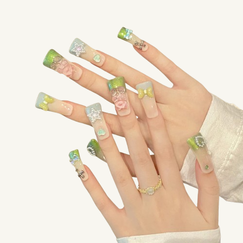 Gummy Bear Picnic Press-On Nails | Handmade Jelly Bear Bow Long Square