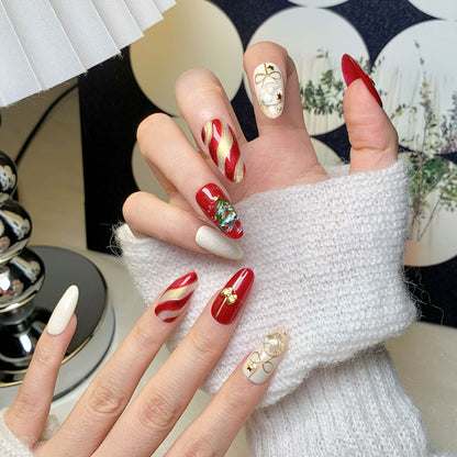 Christmas Red-White Oval Medium-Long Press-On Nails