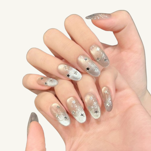 Starry Dream Press-On Nails | Handmade Star Cat Eye Oval Fake Nails