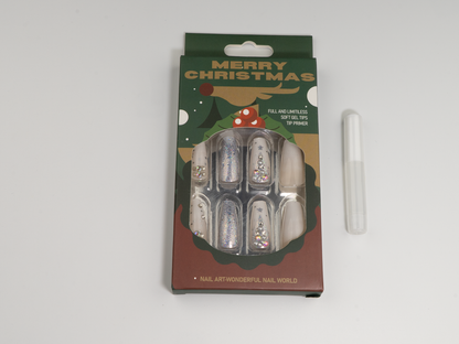 Winter Wonderland Press-On Nails | Silver Xmas Tree Coffin