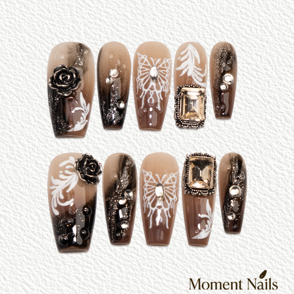Butterfly Gem Press On Nails | Brown Ombre Handmade Long Conffin