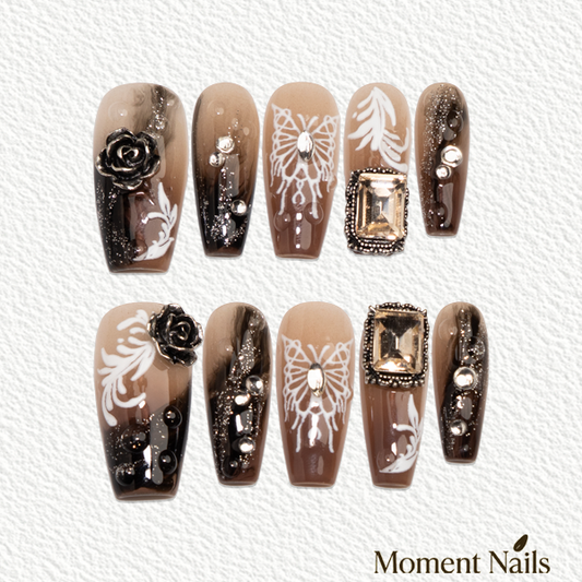 Butterfly Gem Press On Nails | Brown Ombre Handmade Long Conffin