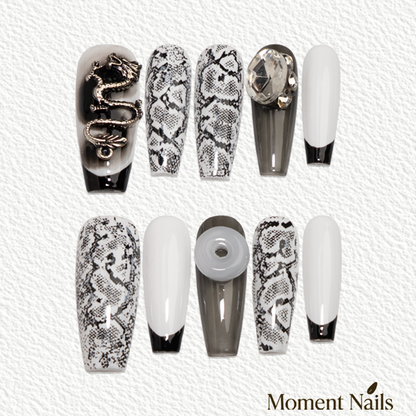 Jade Dragon Press-On Nails | Handmade Jade Disc Snakeskin Coffin