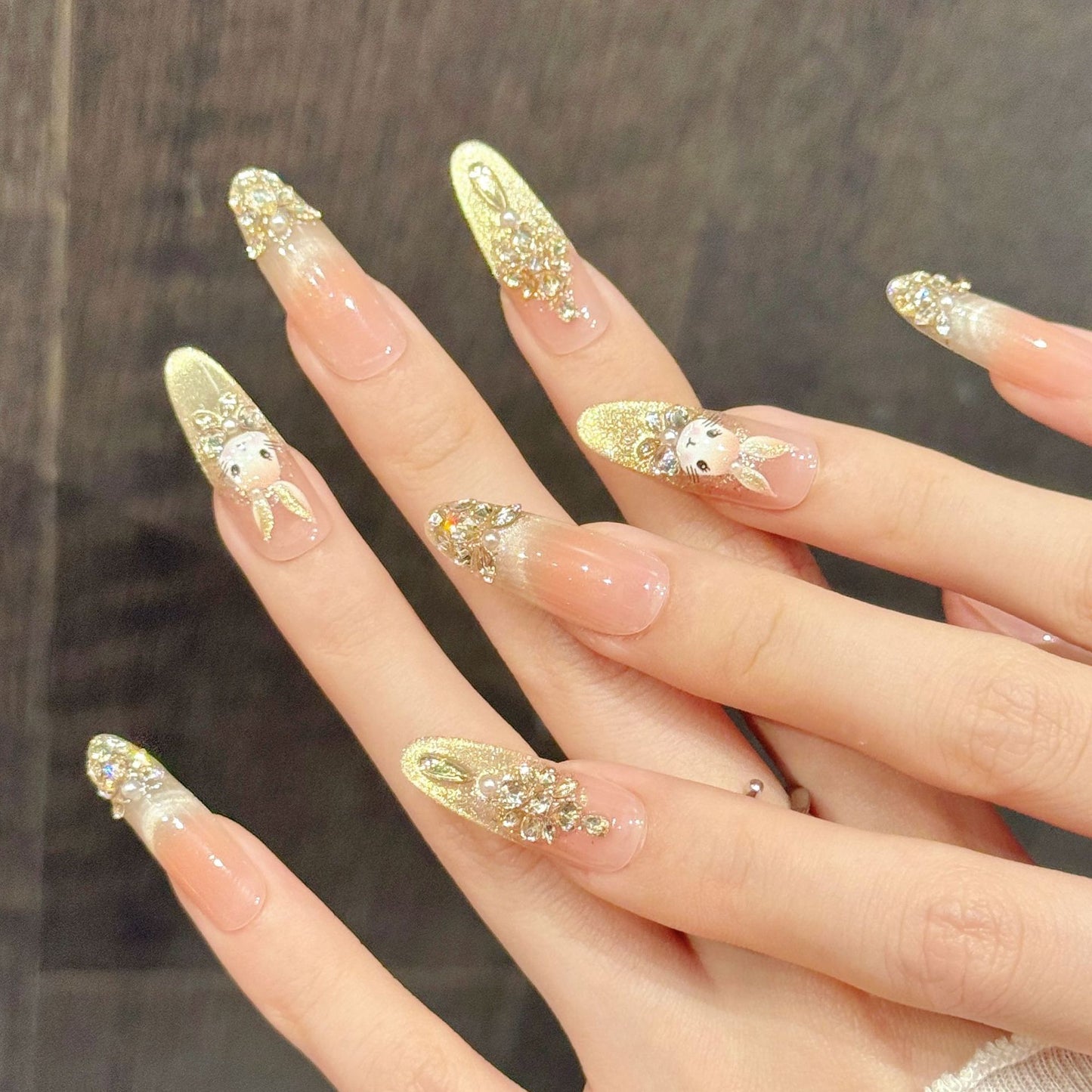 Peach Bunny Sparkle Long Oval Press-On Nails