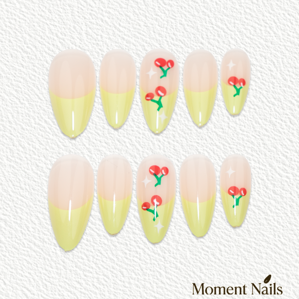 Cute Cherry Press-On Nails | Green French Red Gems Stiletto