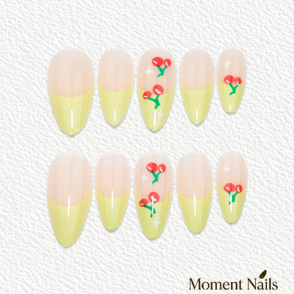 Cute Cherry Press-On Nails | Green French Red Gems Stiletto