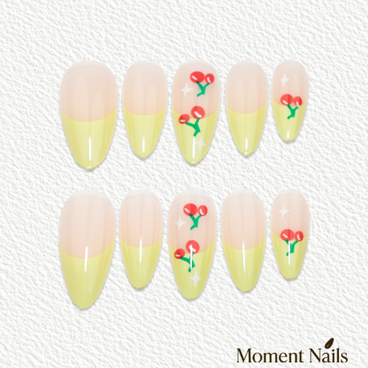 Cute Cherry Press-On Nails | Green French Red Gems Stiletto