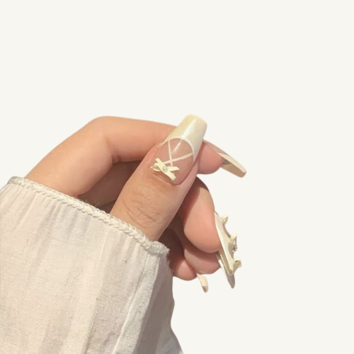 Pearl White French Press-Ons Nails | Handmade Bow Tie Square