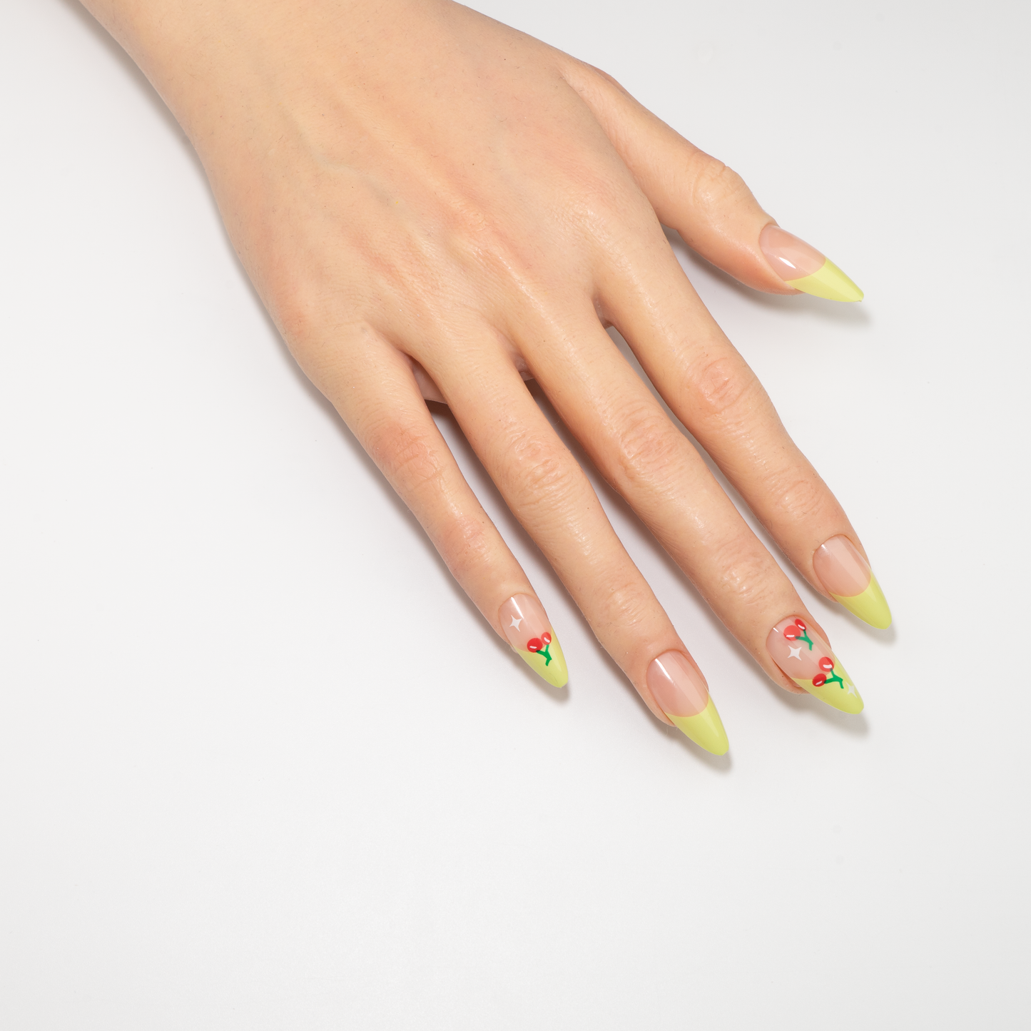 Cute Cherry Press-On Nails | Green French Red Gems Stiletto